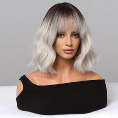 Long Wavy Curly Hair Wig Brown Ombre Purple 35 56 Cm with Bangs