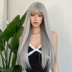 66cm Orange Red Straight Hair Wigs With Bangs Synthetic Hair Replacement
