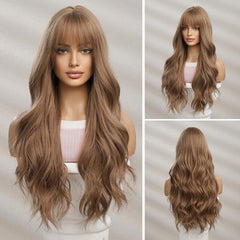 Long Red Mixed Brown Wavy Wig with Bangs