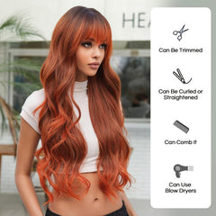 Long Red Mixed Brown Wavy Wig with Bangs