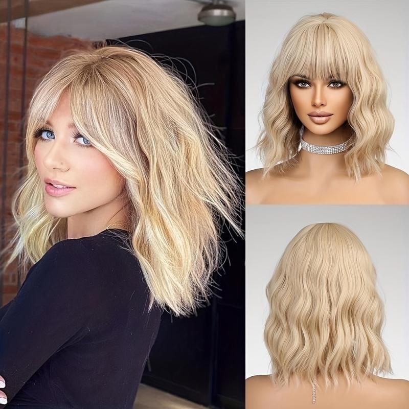 Golden Blonde Shoulder Length Bob Wig with Bangs