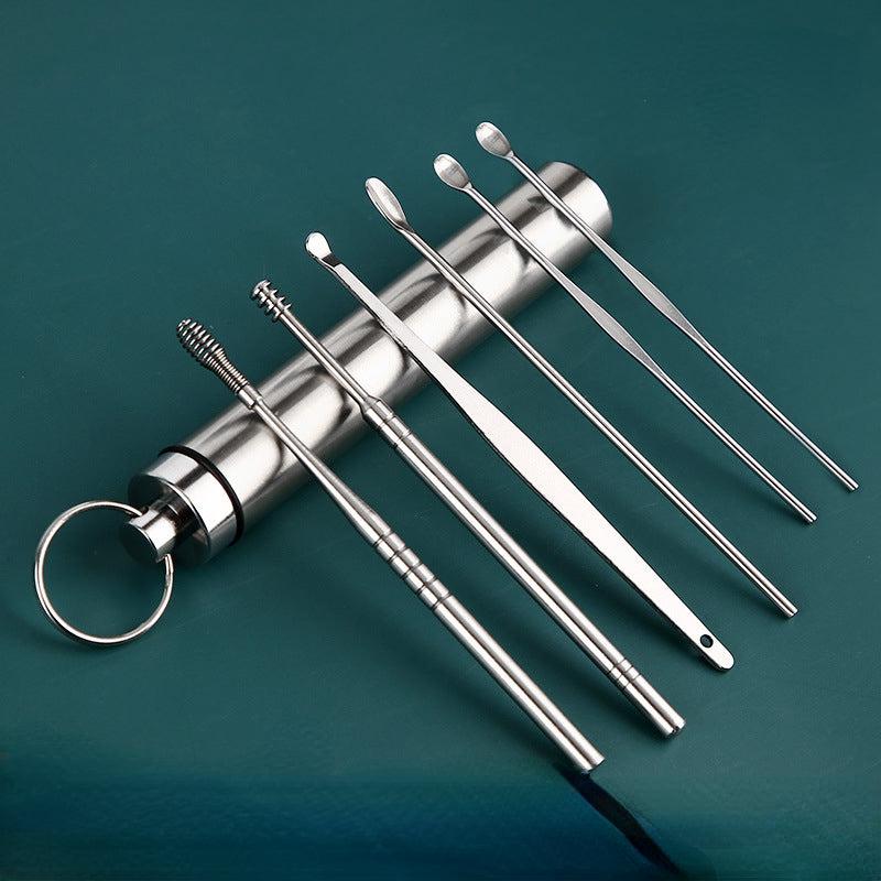 Stainless Steel Ear Digging Spoon Spiral Adult Portable Keychain Ear Tool Set