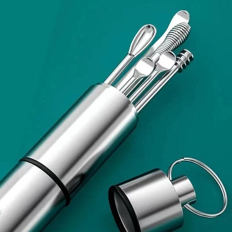 Stainless Steel Ear Digging Spoon Spiral Adult Portable Keychain Ear Tool Set