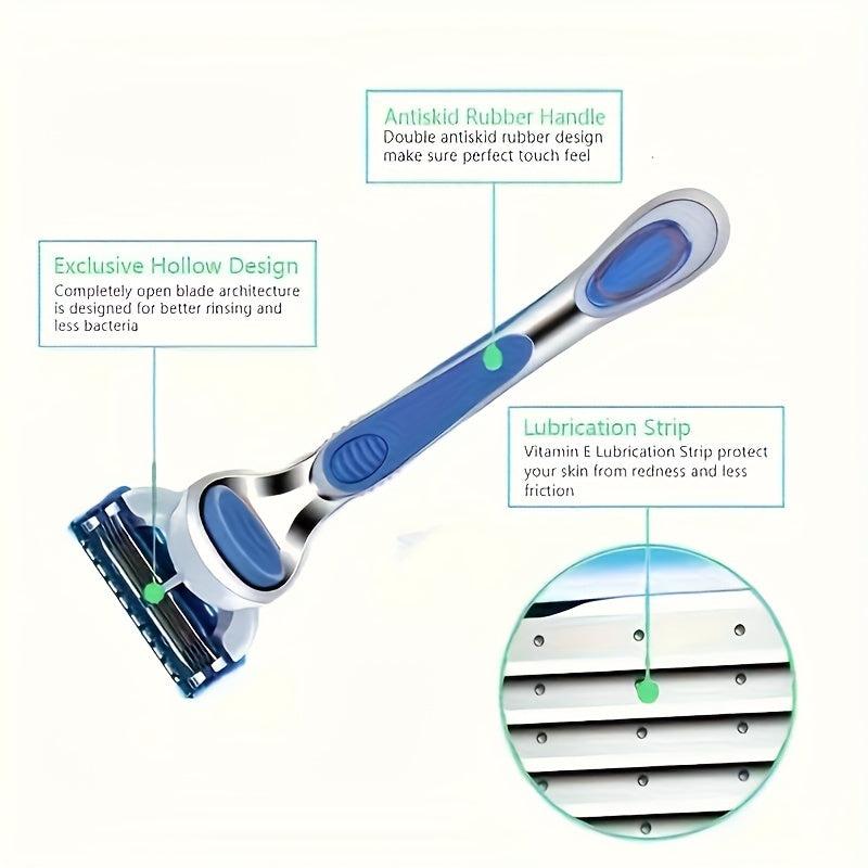 Vintage 5-Layer Manual Razor Set Stainless Steel Anti-Slip Handle with 8 Refills