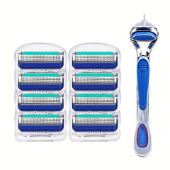 Vintage 5-Layer Manual Razor Set Stainless Steel Anti-Slip Handle with 8 Refills