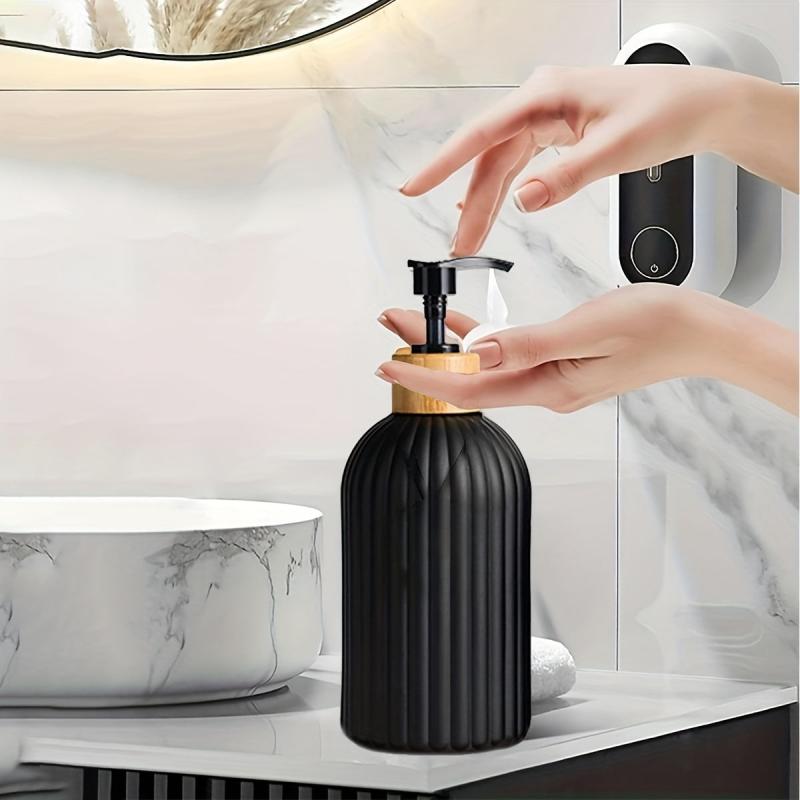 2pcs Plastic Soap Dispenser Set Bamboo Pump 17oz