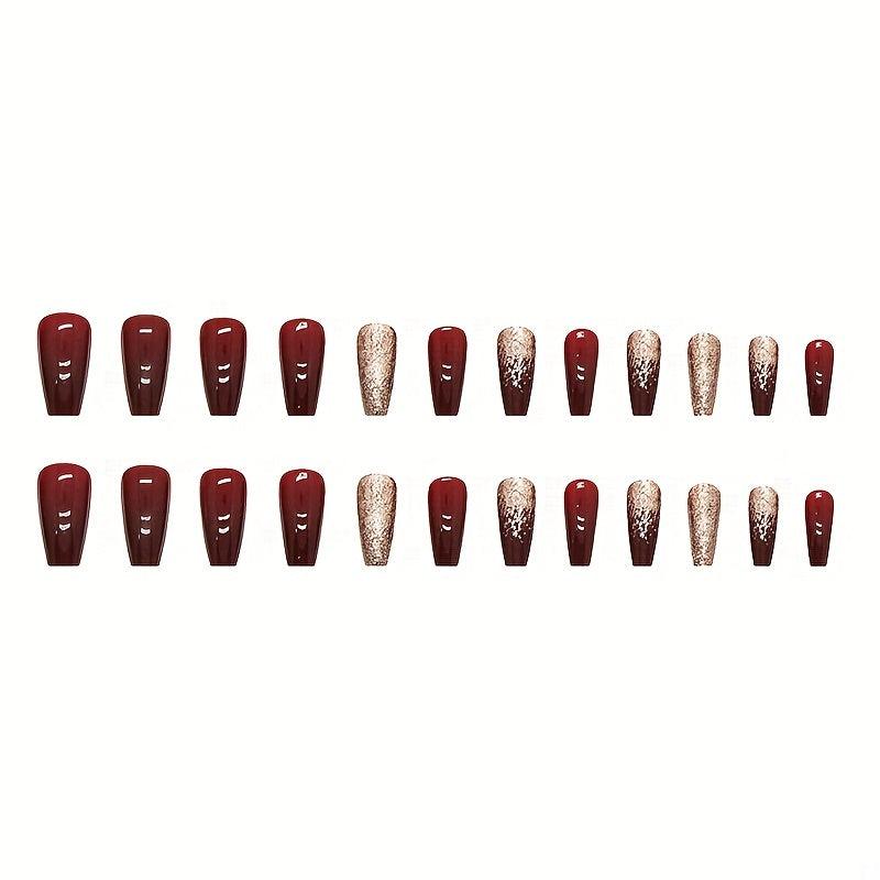 24pcs Wine Red French Tip Press On Nails Medium Square False Nails