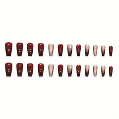 24pcs Wine Red French Tip Press On Nails Medium Square False Nails