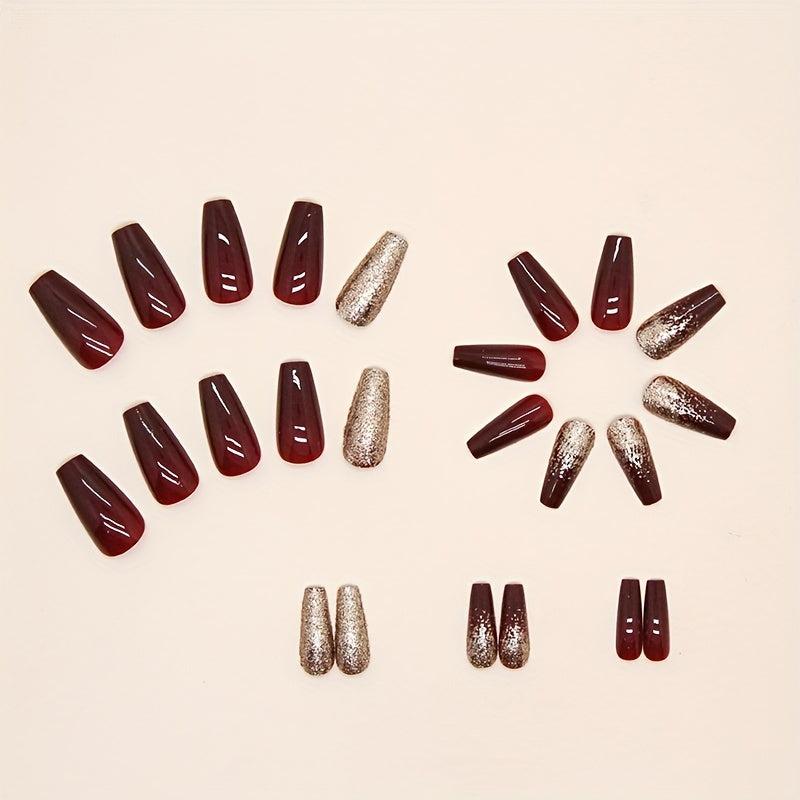 24pcs Wine Red French Tip Press On Nails Medium Square False Nails