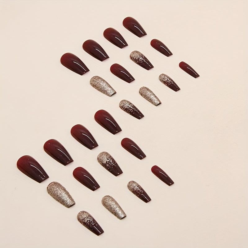 24pcs Wine Red French Tip Press On Nails Medium Square False Nails