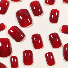 24pcs Glossy Red Press On Nails Full Coverage Short Square False Nails