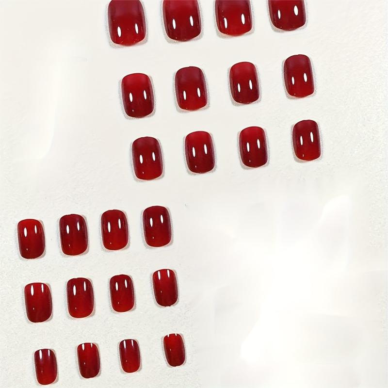 24pcs Glossy Red Press On Nails Full Coverage Short Square False Nails