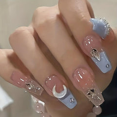 24pcs 3D Moon & Star Press On Nails w/ Glue for Women & Girls