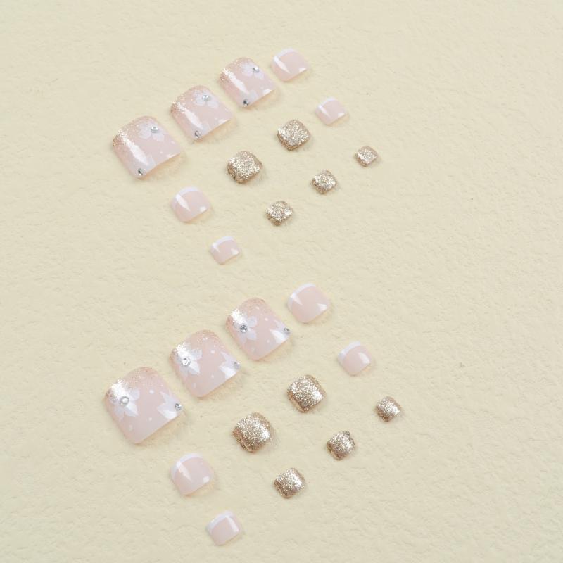 Glitter Flower Toenails w/ Rhinestones - Short Square