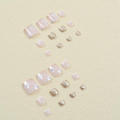 Glitter Flower Toenails w/ Rhinestones - Short Square