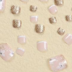 Glitter Flower Toenails w/ Rhinestones - Short Square