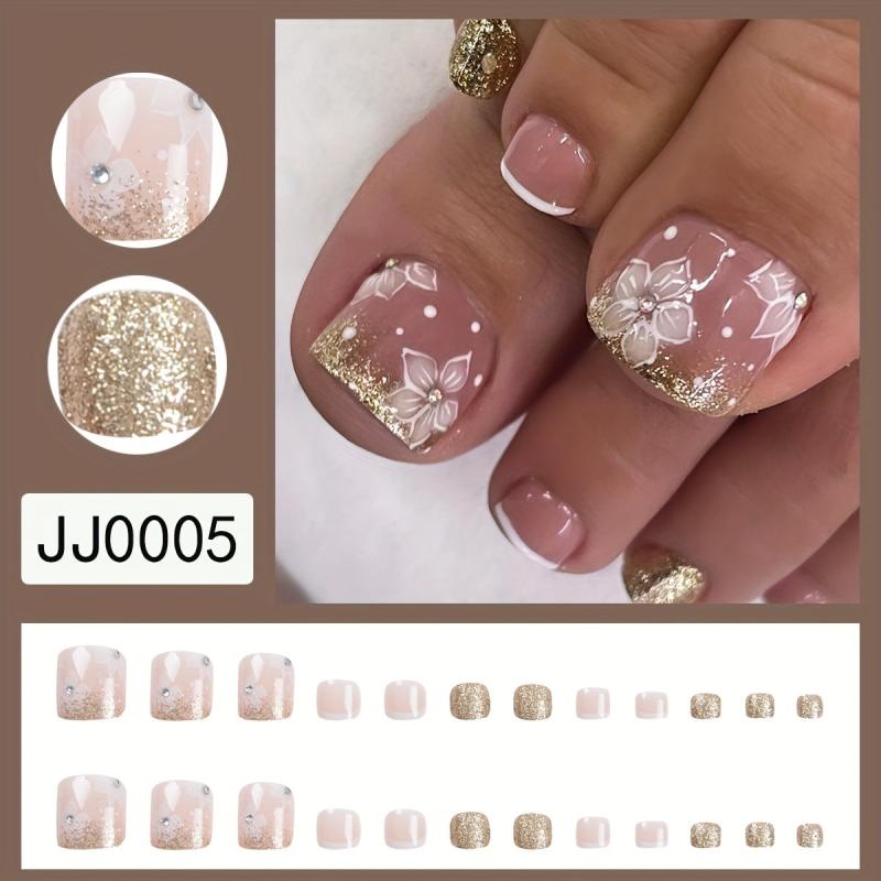 Glitter Flower Toenails w/ Rhinestones - Short Square