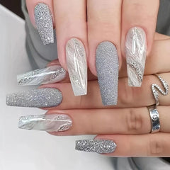 24 Pcs Long Ballerina Marble Gray Press On Nails Reusable False Nails
