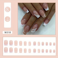 24 pcs Nude Pink French Tip Square Stick On Nails Easy to Apply Acrylic