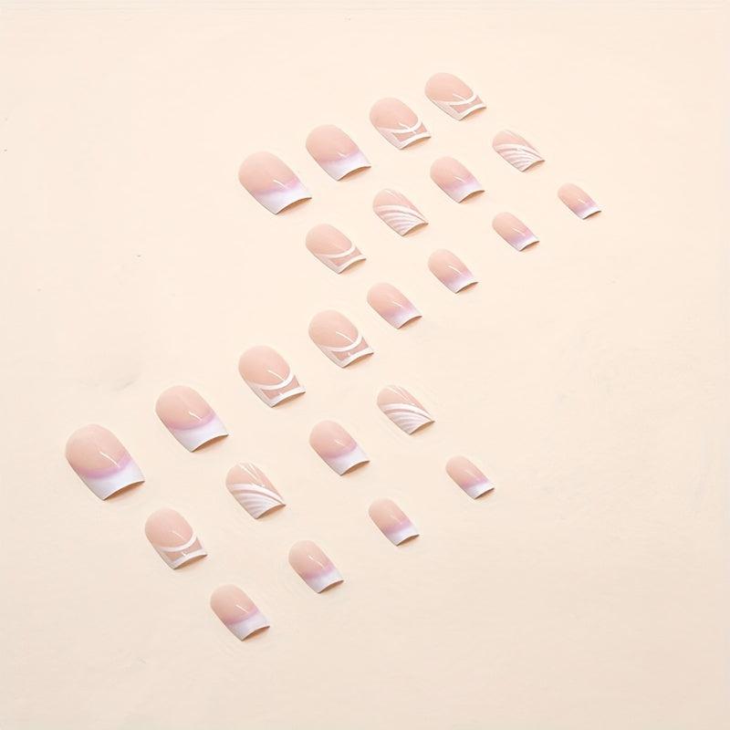 24 pcs Nude Pink French Tip Square Stick On Nails Easy to Apply Acrylic