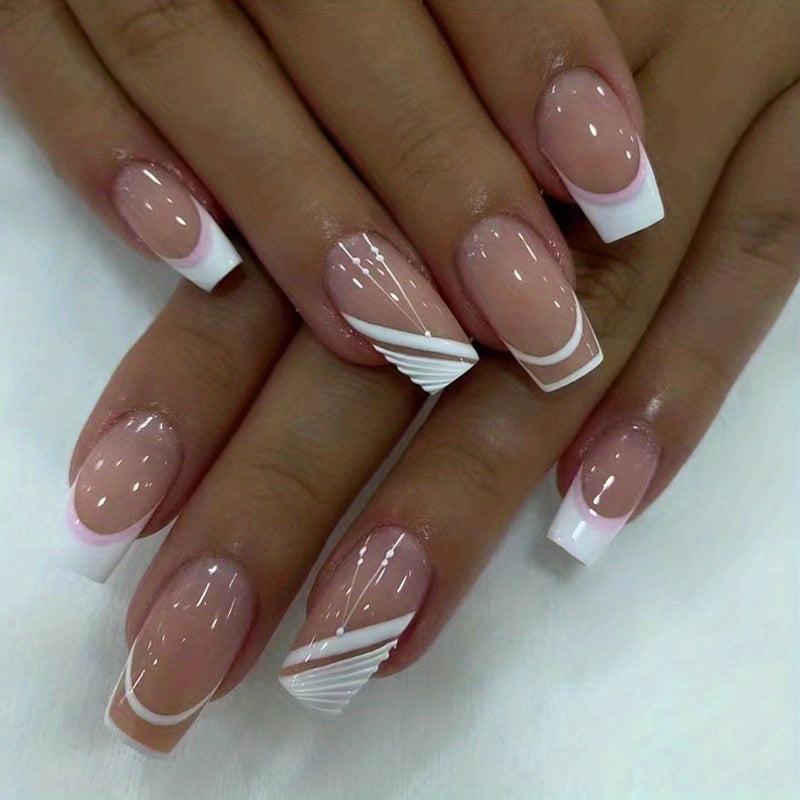 24 pcs Nude Pink French Tip Square Stick On Nails Easy to Apply Acrylic