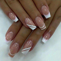 24 pcs Nude Pink French Tip Square Stick On Nails Easy to Apply Acrylic