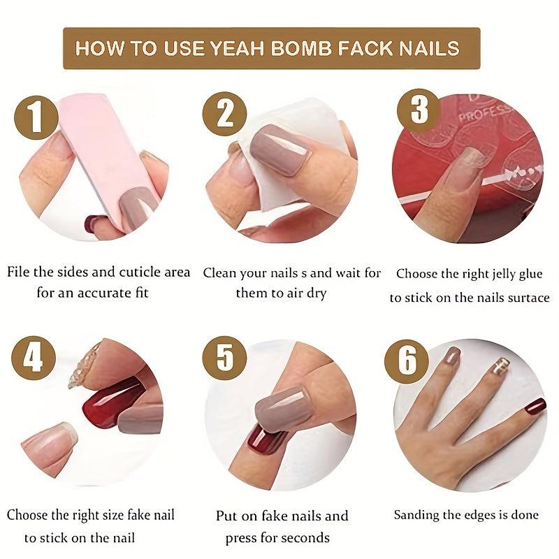 24 Pcs Solid Square Reusable False Nails Short with File and Jelly