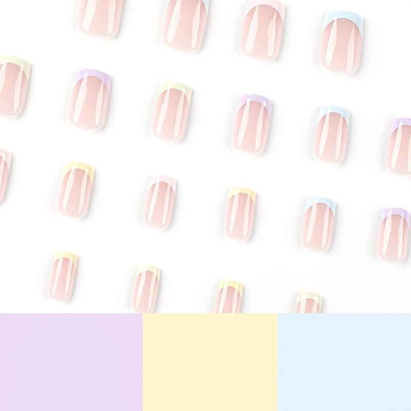 24 pcs Rainbow Squoval Press On Nails Glossy False Nails for Women