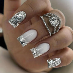 24pcs Glossy Sequin Press On Nails for Women Girls