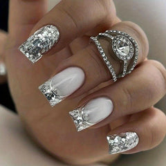 24pcs Glossy Sequin Press On Nails for Women Girls