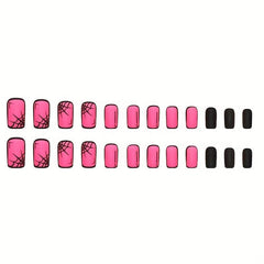 Matte Rose Red Acrylic Nails with Cobweb Full Coverage Halloween False Nails