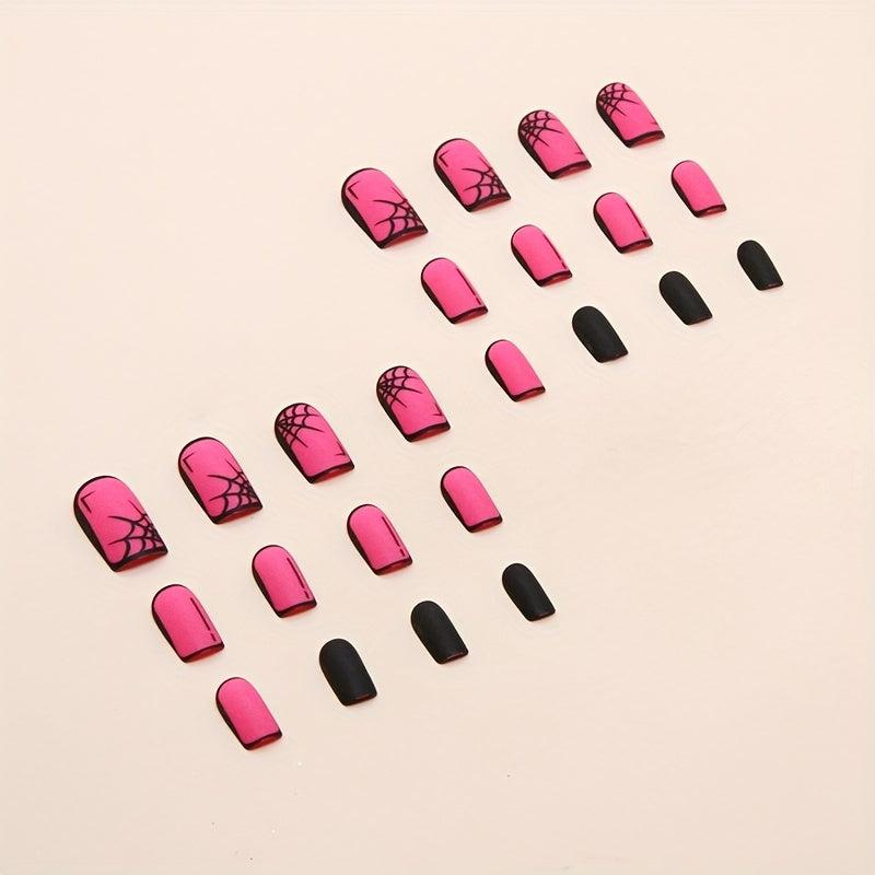Matte Rose Red Acrylic Nails with Cobweb Full Coverage Halloween False Nails