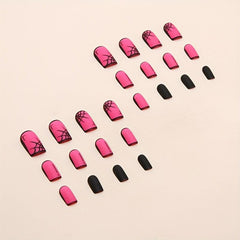 Matte Rose Red Acrylic Nails with Cobweb Full Coverage Halloween False Nails