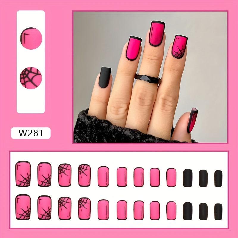 Matte Rose Red Acrylic Nails with Cobweb Full Coverage Halloween False Nails