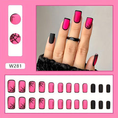 Matte Rose Red Acrylic Nails with Cobweb Full Coverage Halloween False Nails