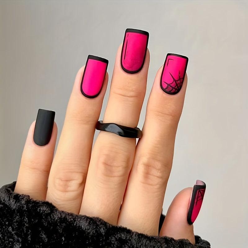 Matte Rose Red Acrylic Nails with Cobweb Full Coverage Halloween False Nails