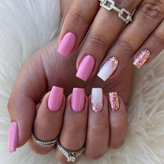 24 Pcs Pink Rhinestone Press On Nails with Jelly Glue