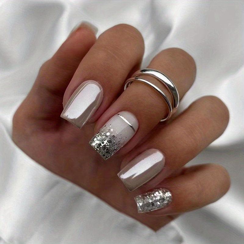 24pcs Glossy Silver Square Press On Nails Full Coverage Acrylic False Nails