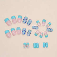 24pcs Glossy Green Butterfly False Nails with Glitter Sequin for Women