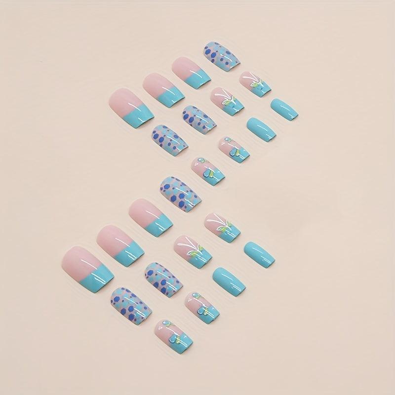 24pcs Glossy Green Butterfly False Nails with Glitter Sequin for Women