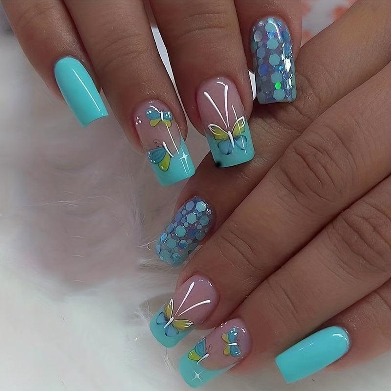 24pcs Glossy Green Butterfly False Nails with Glitter Sequin for Women