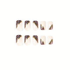 24pcs Marble Print Press On Nails with Gold Foil Medium Square False Nails
