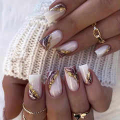 24pcs Marble Print Press On Nails with Gold Foil Medium Square False Nails