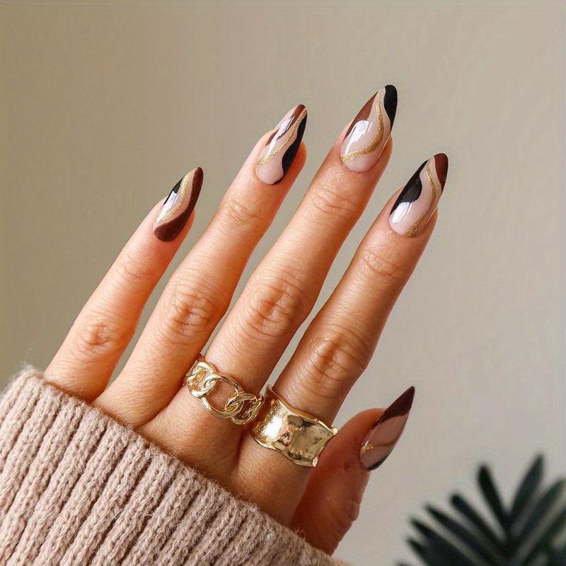 Matte Almond Shape Press On Nails Set with Art Stripes - 24 pcs