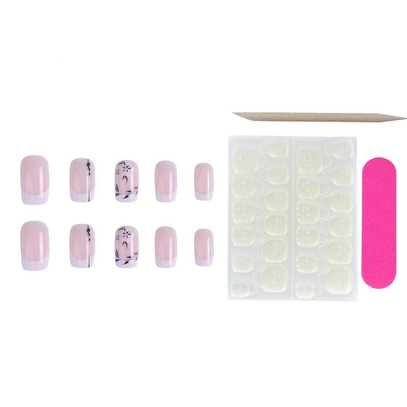24pcs French Tip Press On Nails w/ Flower Leaves Short Square False Nails