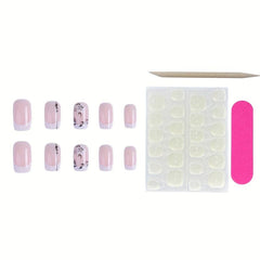 24pcs French Tip Press On Nails w/ Flower Leaves Short Square False Nails