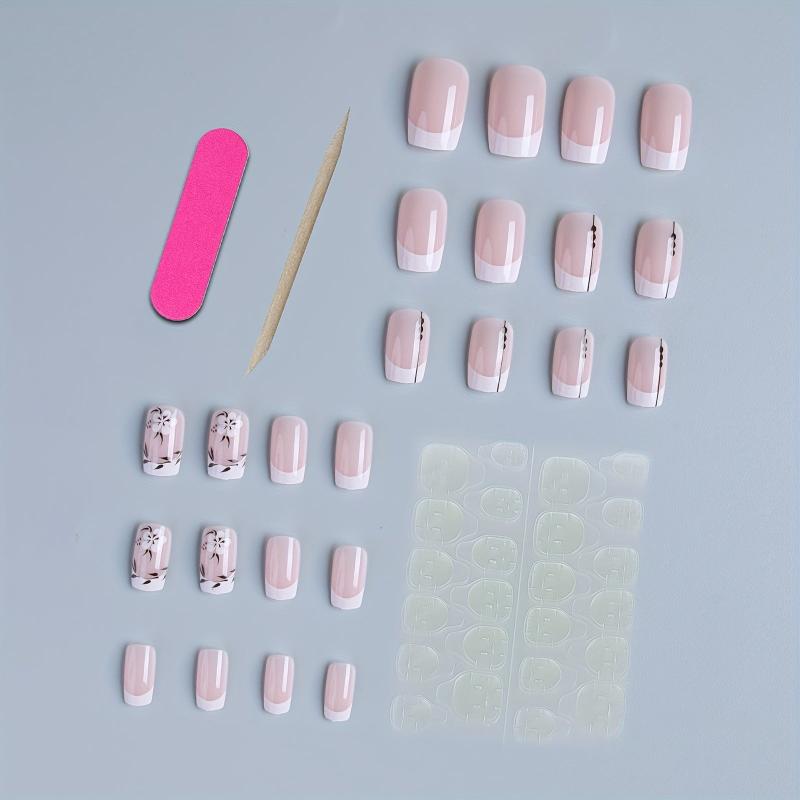 24pcs French Tip Press On Nails w/ Flower Leaves Short Square False Nails