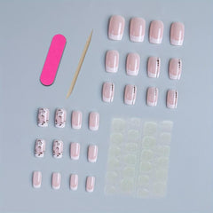 24pcs French Tip Press On Nails w/ Flower Leaves Short Square False Nails