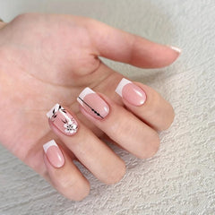 24pcs French Tip Press On Nails w/ Flower Leaves Short Square False Nails