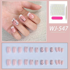 24pcs French Tip Press On Nails w/ Flower Leaves Short Square False Nails